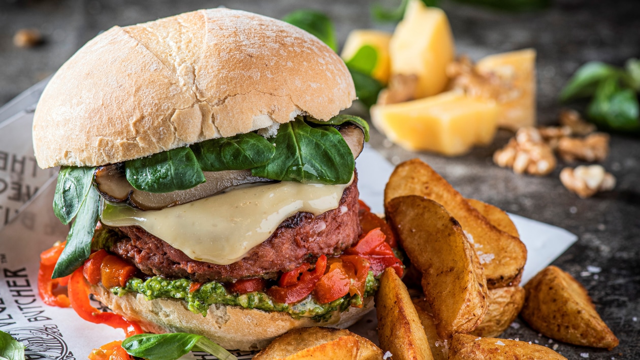Burger-O-Bello avec pesto, cresson, fromage de Bruges et portobello